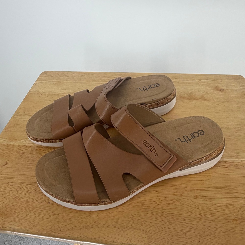 Earth Slide Sandals Womens 10 Brown Leather Adjustable Comfort Casual Gorpcore